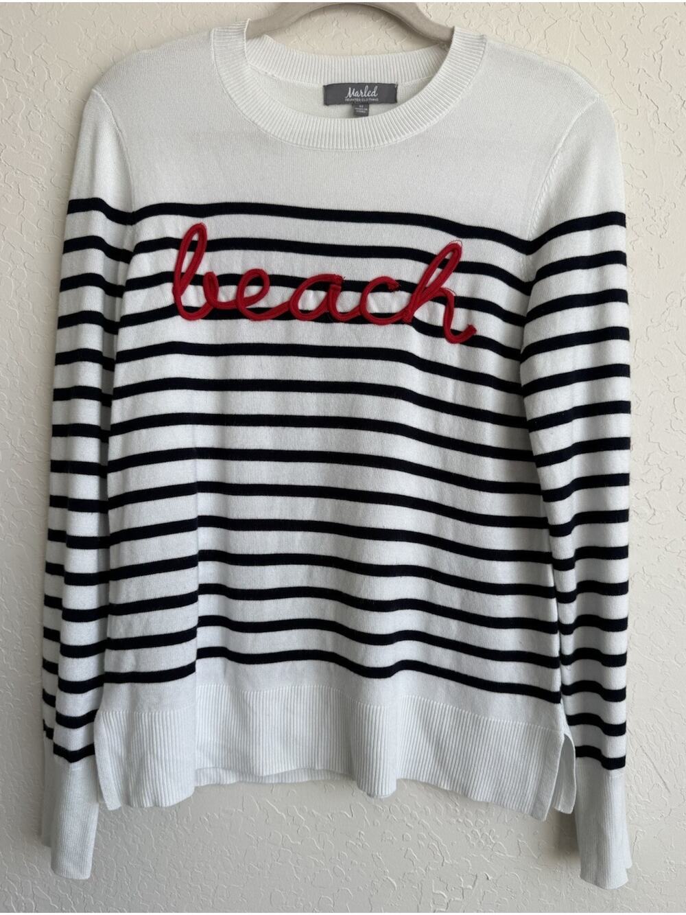 Marled Reunited Beach Sweater Medium Breton Stripe Red Script Coastal